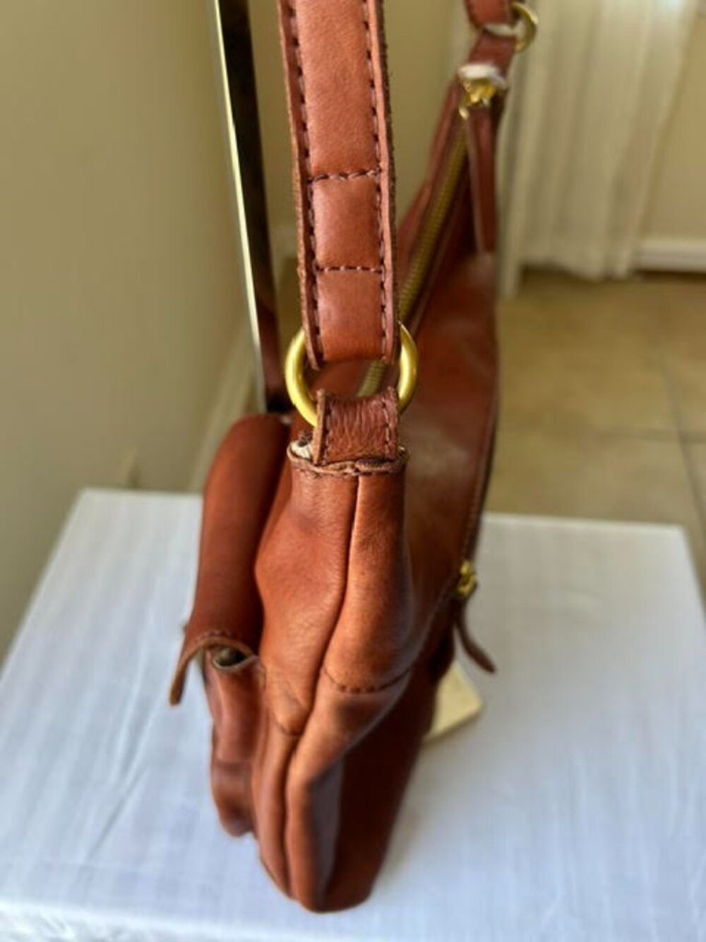 Margot New York Brandy Brown Leather Crossbody Hobo Bag - Picture 12 of 15